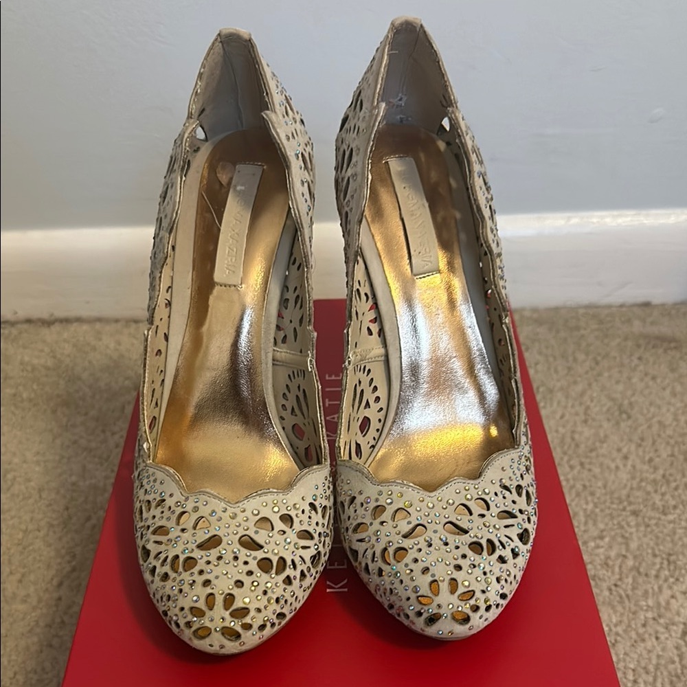 BCBGMaxAzria Cream Laser-Cut Heels